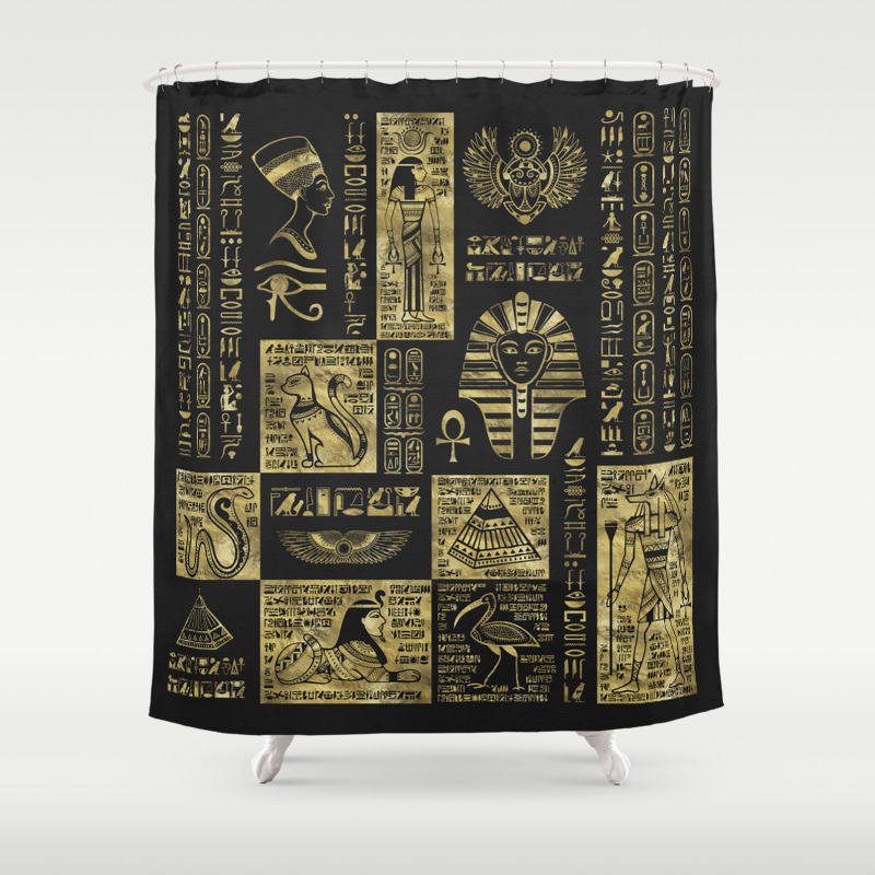 Egyptian Hieroglyphs And Symbols Gold On Black Leather Shower