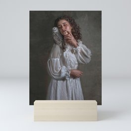 The haunting; young woman in pearl white Victorian gown with snowy owl perched on her shoulder female magical realism portrait photograph / photography Mini Art Print