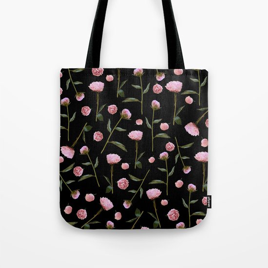 Peonies on Black Tote Bag