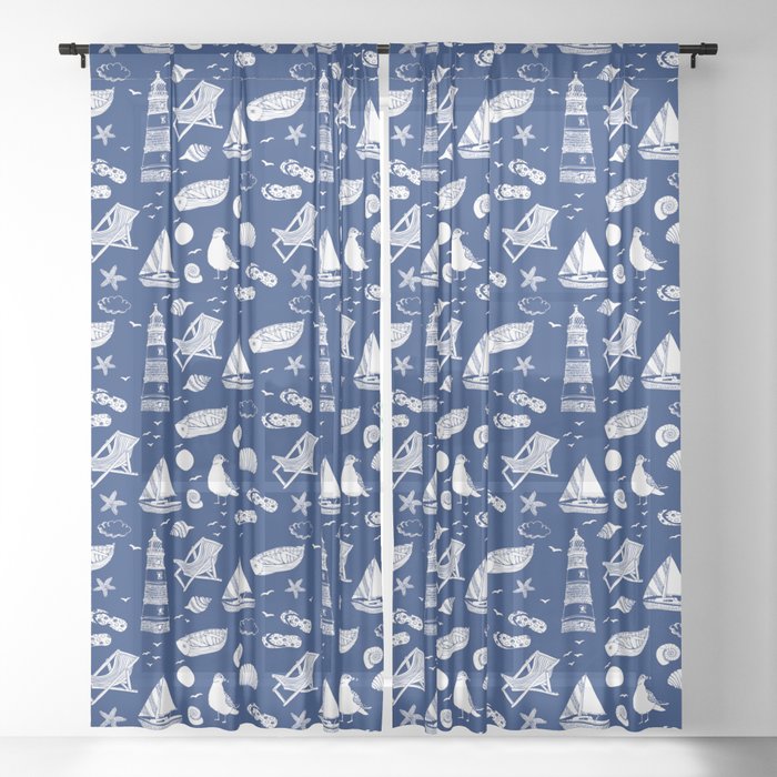 Blue And White Summer Beach Elements Pattern Sheer Curtain