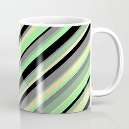 [ Thumbnail: Eye-catching Dark Sea Green, Pale Goldenrod, Green, Black, and Gray Colored Stripes Pattern Coffee Mug ]