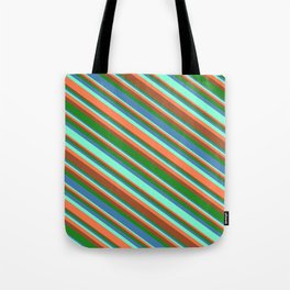 [ Thumbnail: Aquamarine, Coral, Sienna, Forest Green, and Blue Colored Lined/Striped Pattern Tote Bag ]