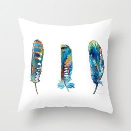 Three Colorful Feathers - Birds of a Feather - Sharon Cummings Throw Pillow