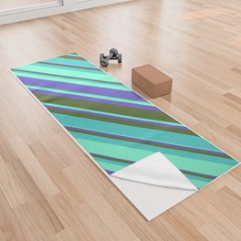 [ Thumbnail: Aquamarine, Slate Blue, Dark Olive Green, and Turquoise Colored Lines Pattern Yoga Towel ]