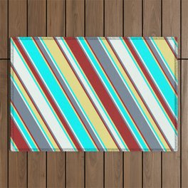 [ Thumbnail: Light Slate Gray, Brown, Tan, Aqua, and Mint Cream Colored Lined Pattern Outdoor Rug ]