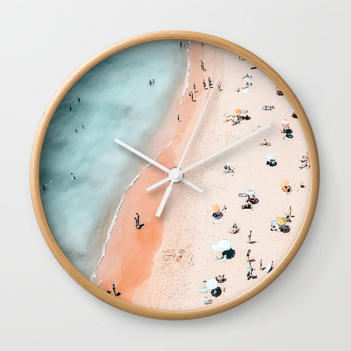 People Umbrellas On Beach, Aerial Ocean Beach, Aerial Sea Print, Aerial Ocean Waves, Summer Vibes Wall Clock