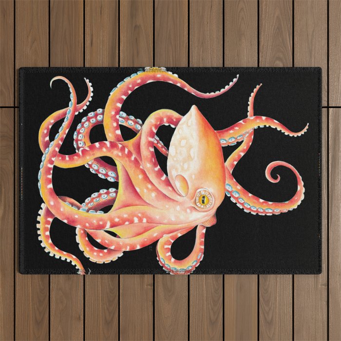 Red Orange Octopus Watercolor On Black Outdoor Rug