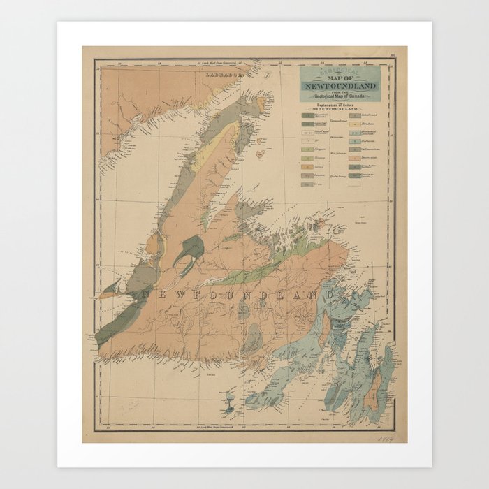 Vintage Geological Map of Newfoundland (1875) Art Print