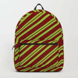 [ Thumbnail: Green & Maroon Colored Pattern of Stripes Backpack ]