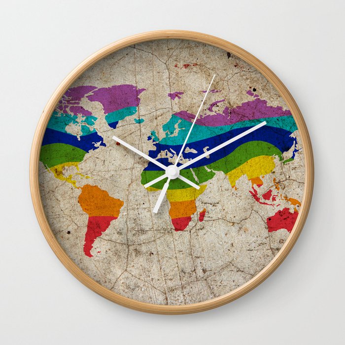 Rainbow color painted world map on dirty old grunge cement wall Wall Clock