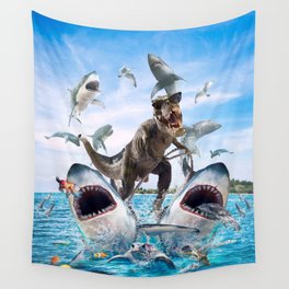 Dinosaur Riding Sharks Wall Tapestry