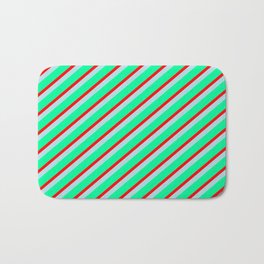 [ Thumbnail: Green, Red & Powder Blue Colored Striped Pattern Bath Mat ]