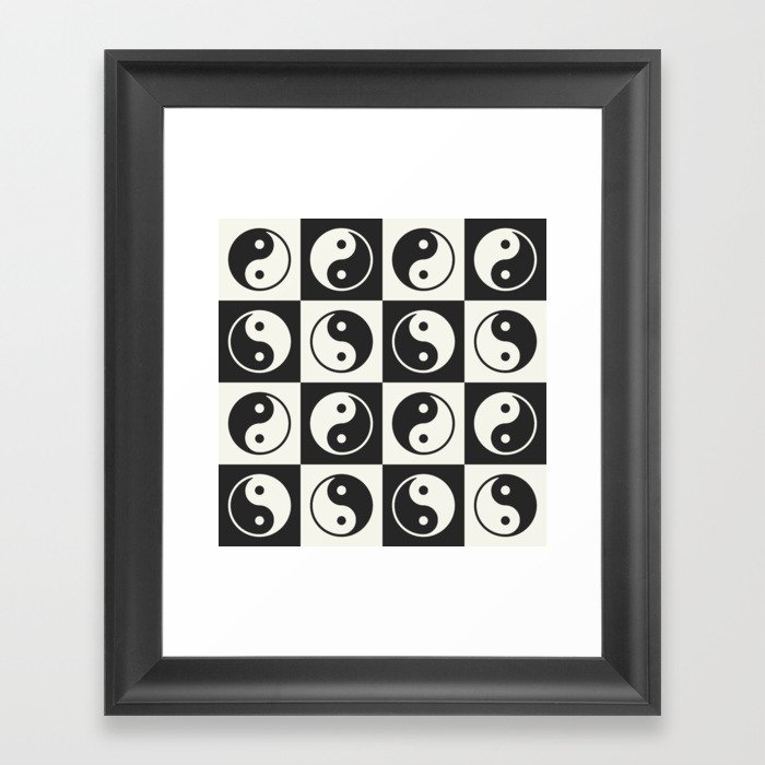Checkered Yin Yang Pattern (Creamy Milk & Dark Charcoal Color Palette) Framed Art Print