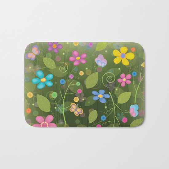 Floral and Butterfly Pattern - Summer Blooms Bath Mat
