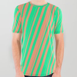 [ Thumbnail: Green & Light Salmon Colored Striped/Lined Pattern All Over Graphic Tee ]