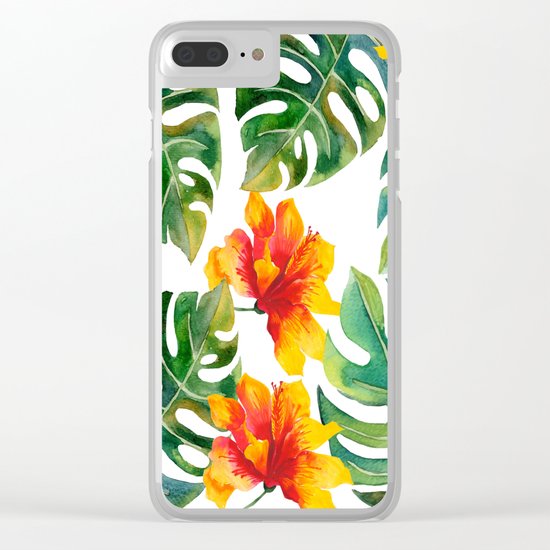 Monstera And Hibiscus Clear iPhone Case