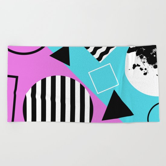 Stripes And Splats 1 - Wacky, Random, Abstract, Black And White Stripes, Blue and pink Artwork Beach Towel