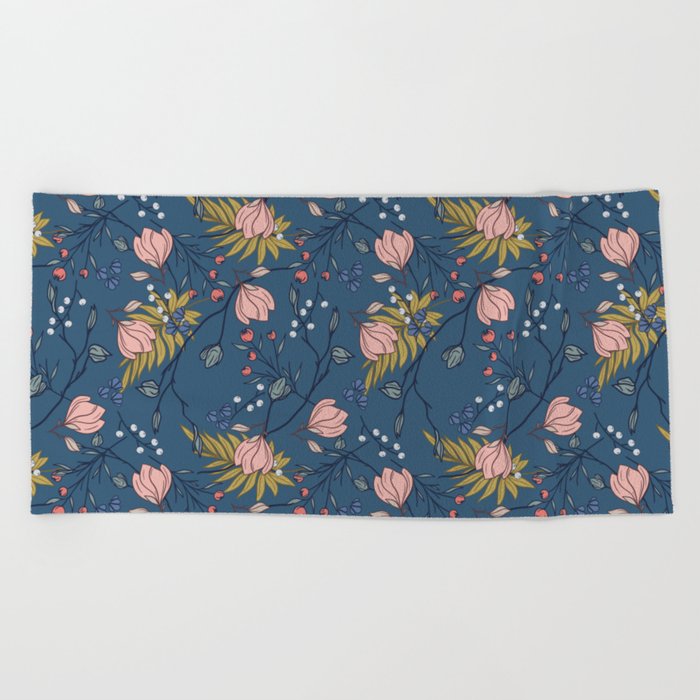 Magnolia Branches and Berries with Springtime Botanicals in Pink and Blue Beach Towel