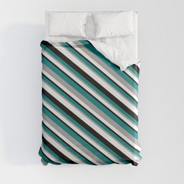 [ Thumbnail: Teal, Dark Grey, White, and Black Colored Lines/Stripes Pattern Duvet Cover ]