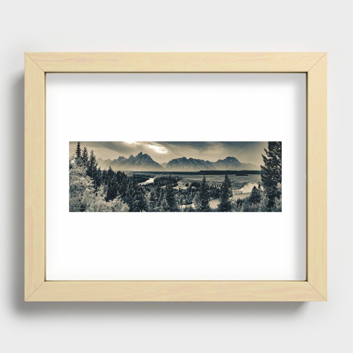 Grand Teton Mountain Range Over Snake River Panorama - Sepia Edition Recessed Framed Print