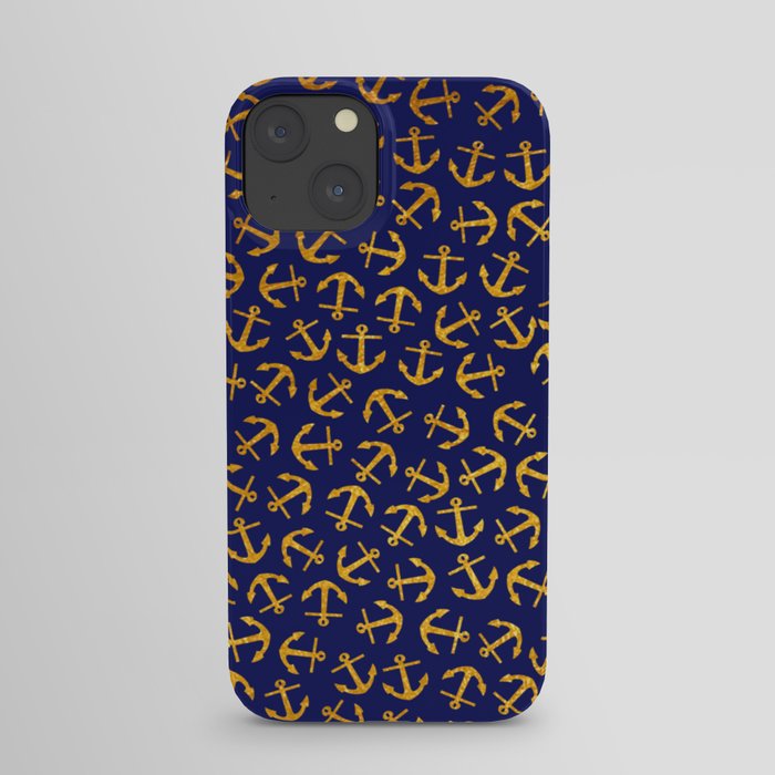 Maritime Anchors pattern - gold anchors on darkblue background iPhone Case