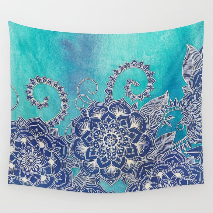 Mermaid S Garden Navy Amp Teal Floral On Watercolor Wall