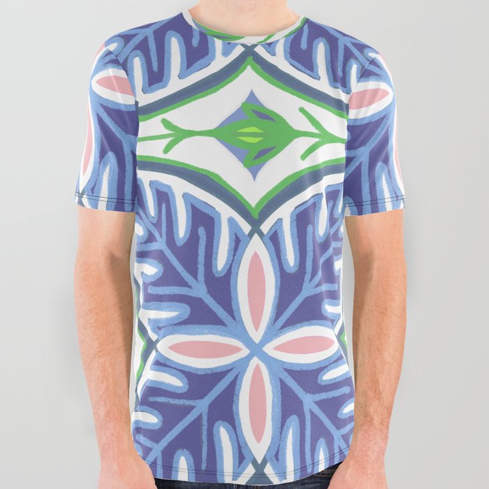 Modern Tropical Leaves Periwinkle, Pink and Green All Over Graphic Tee