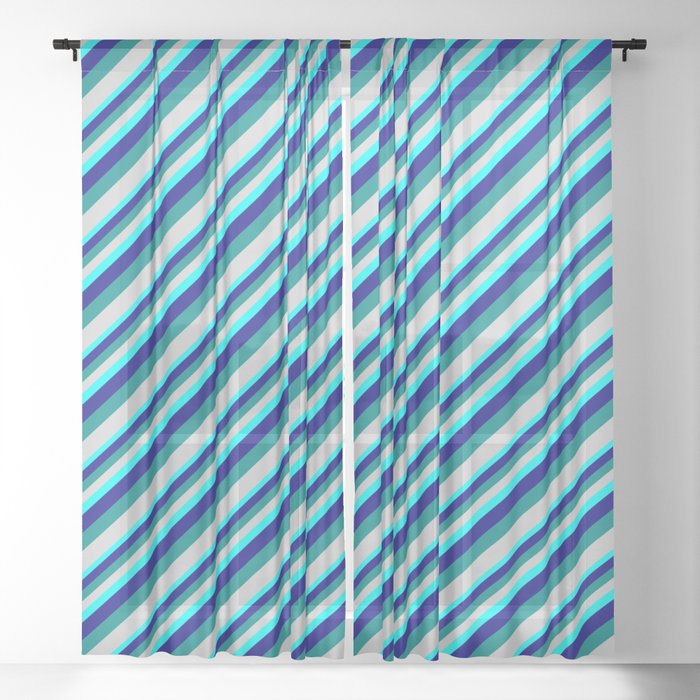 Aqua, Blue, Dark Cyan, and Light Gray Colored Lined/Striped Pattern Sheer Curtain