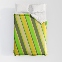 [ Thumbnail: Tan, Yellow, Green & Dark Olive Green Colored Lined Pattern Comforter ]