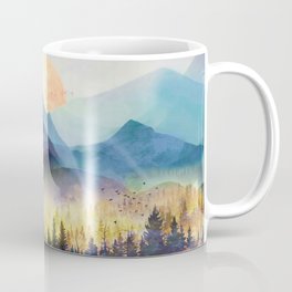Mountain Lake Under Sunrise Coffee Mug | Sunrise, Rock, Summer, Range, Reflection, Adventure, Morning, Panorama, Woods, Curated 