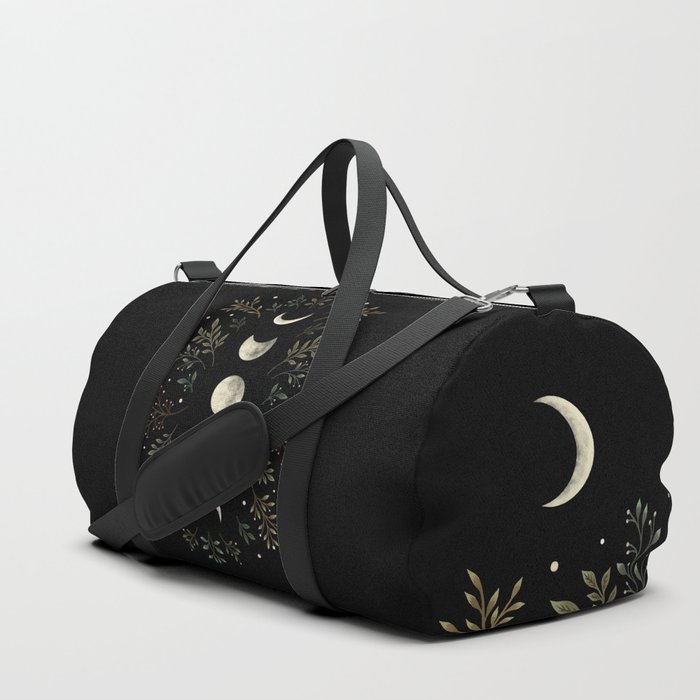 Moonlight Garden - Olive Green Duffle Bag | Graphic-design, Moon-phases, Moon, Luna, Moonbeam, Botany, Botanical, Boho, Bohemian, Vintage