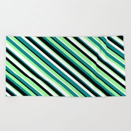 [ Thumbnail: Green, White, Dark Cyan & Black Colored Striped/Lined Pattern Beach Towel ]