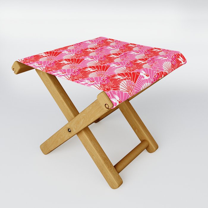 Preppy Room Decor - Pink Red Chinoiserie Fans Pattern Folding Stool