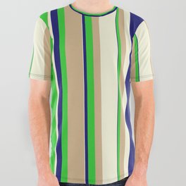 [ Thumbnail: Midnight Blue, Lime Green, Tan & Beige Colored Stripes/Lines Pattern All Over Graphic Tee ]