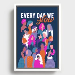 Every day we glow International Women's Day // midnight navy blue background violet purple curious blue shocking pink and orange copper humans  Framed Canvas
