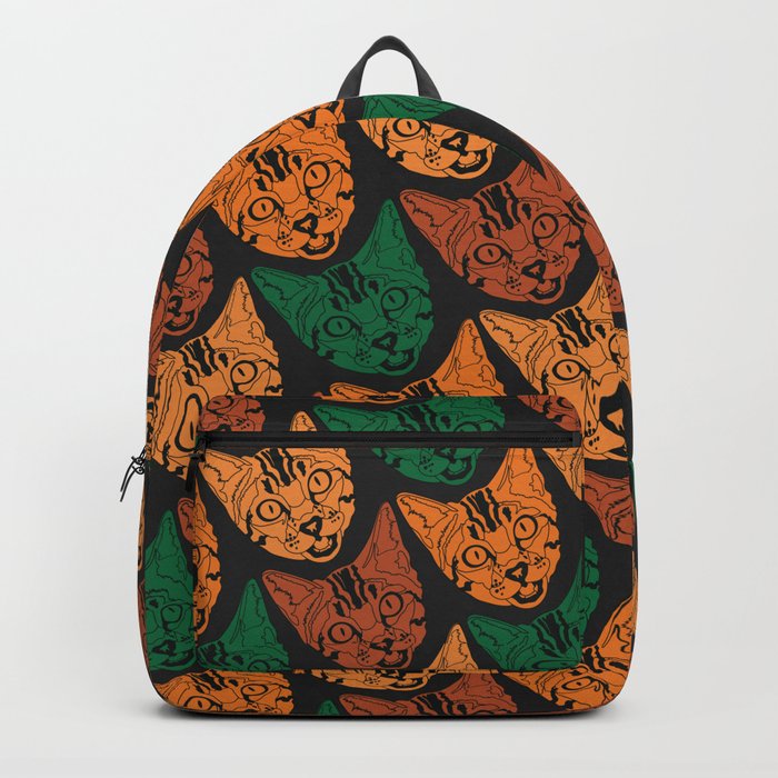 Autumn Cat Print Pattern Orange and Green (Black) Backpack