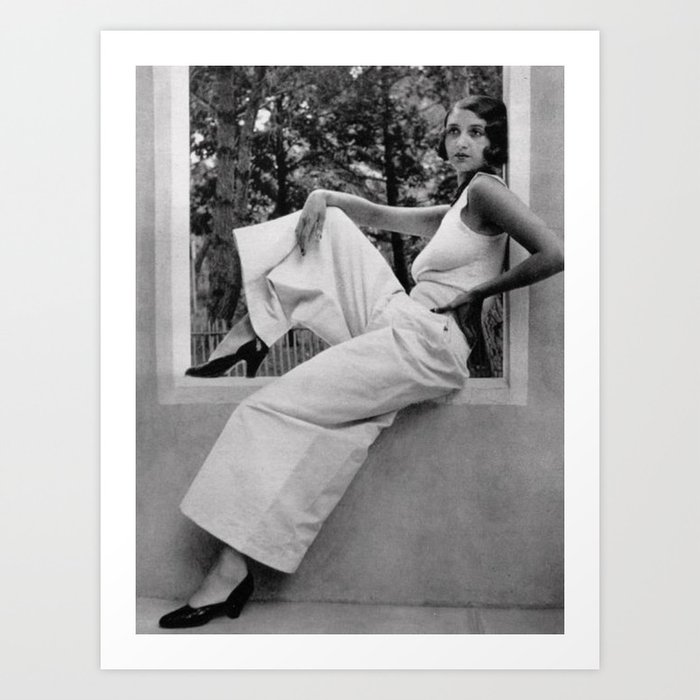 Roaring Twenties Jazz Age Flapper relaxing in high fashion black and white photograph Art Print