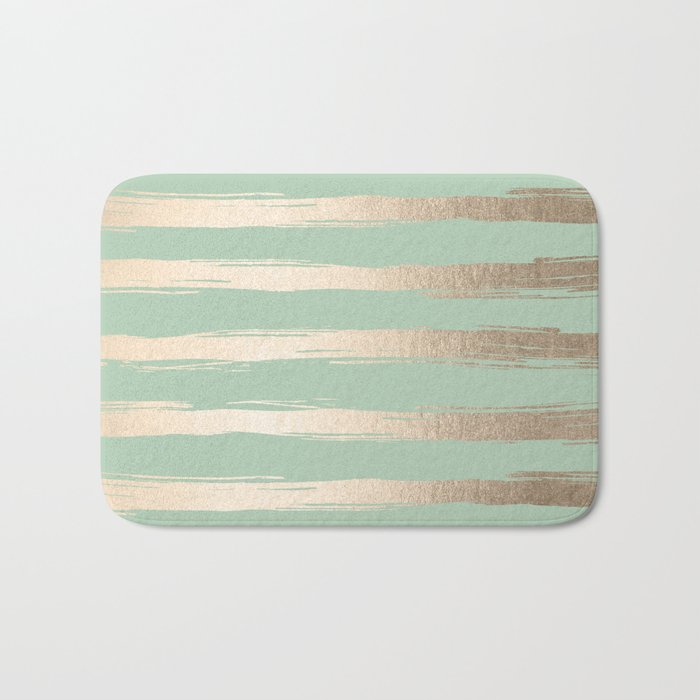 Simply Brushed Stripes White Gold Sands on Pastel Cactus Green Bath Mat