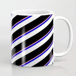 [ Thumbnail: Light Coral, Blue, White & Black Colored Striped Pattern Coffee Mug ]
