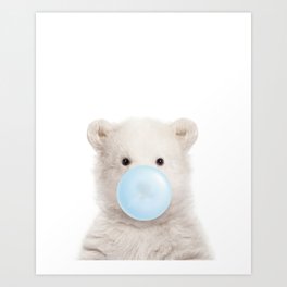 Baby Polar Bear Blowing Blue Bubble Gum, Kids, Baby Boy, Baby Animals Art Print by Synplus Art Print