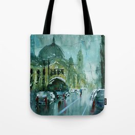 Melbourne - Flinders Street on a rainy day Tote Bag