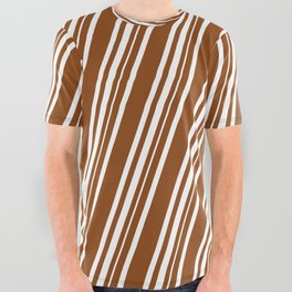 [ Thumbnail: Brown & White Colored Lined/Striped Pattern All Over Graphic Tee ]