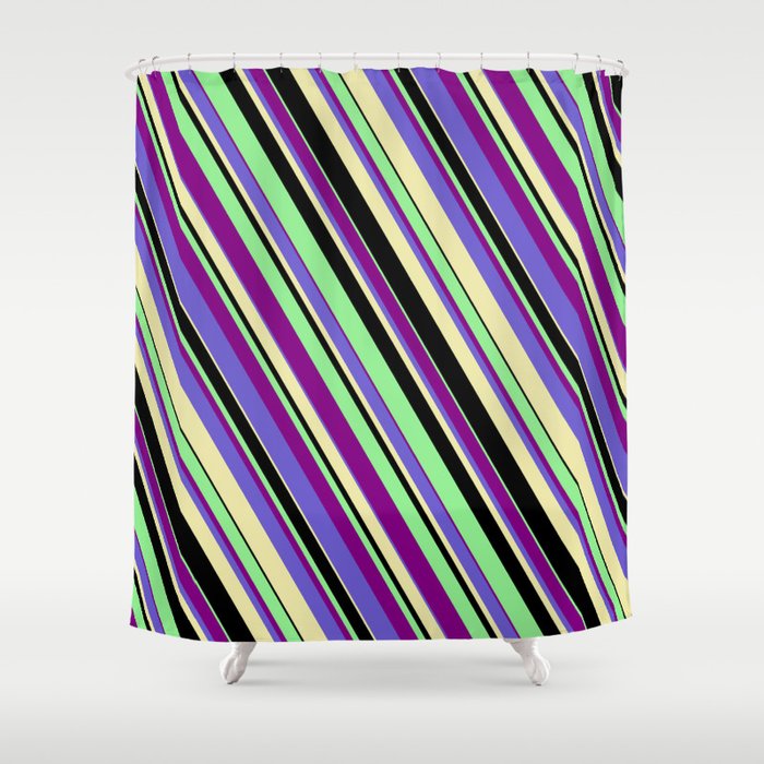Light Green, Purple, Slate Blue, Pale Goldenrod, and Black Colored Lines/Stripes Pattern Shower Curtain
