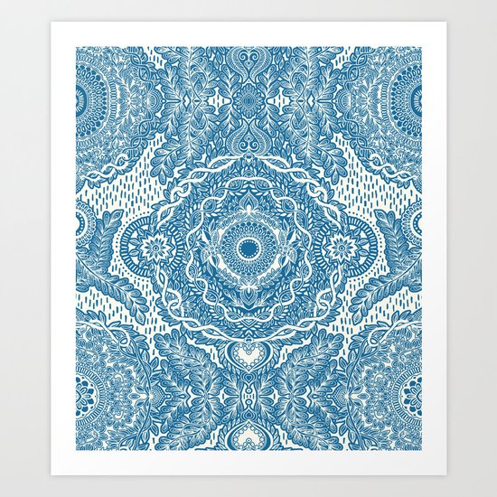 Rain in the Garden - blue and cream Art Print