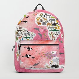 Cartoon animal world map, back to school. Animals from all over the world, pink watercolour watercolor Backpack | Paper, Animal, Pastel, Worldmap, Digital, Pop Art, Acrylic, Watercolour, Vintage, Concept 