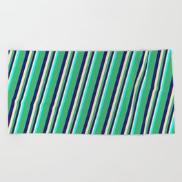 [ Thumbnail: Sea Green, Midnight Blue, Beige & Cyan Colored Lines Pattern Beach Towel ]