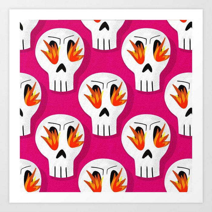 Halloween skulls on fire, pink pattern background Art Print
