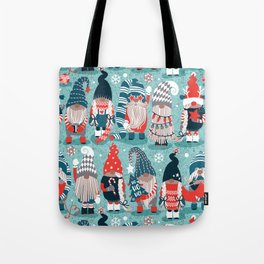 Let it gnome // mint background little Santa's helpers preparing for Christmas neon red dark teal dark green and grey dressed gnomes Tote Bag