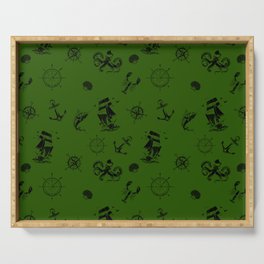 Green And Black Silhouettes Of Vintage Nautical Pattern Serving Tray