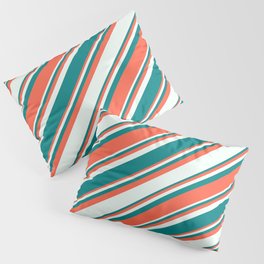 [ Thumbnail: Red, Mint Cream & Teal Colored Lines Pattern Pillow Sham ]